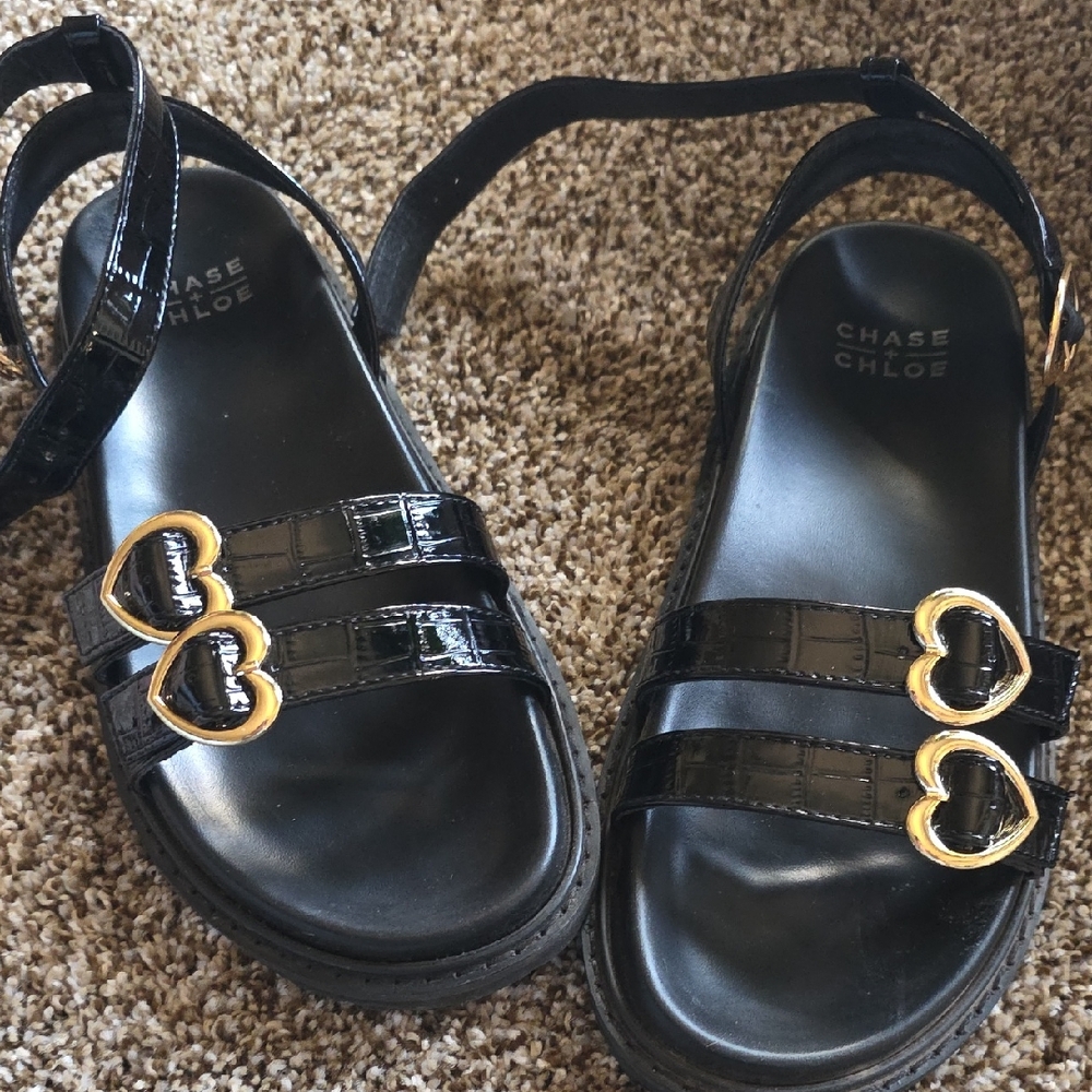 Chase + Chloe Black Sandals with Gold Heart Accents